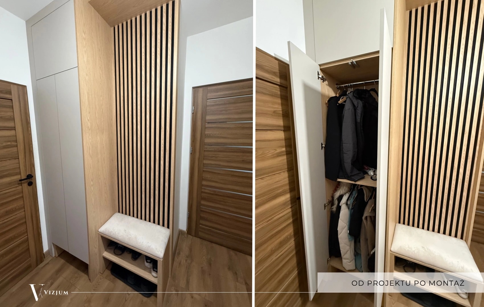 Zabudowa na wymiar - szafa w przedpokoju + panel siedziska